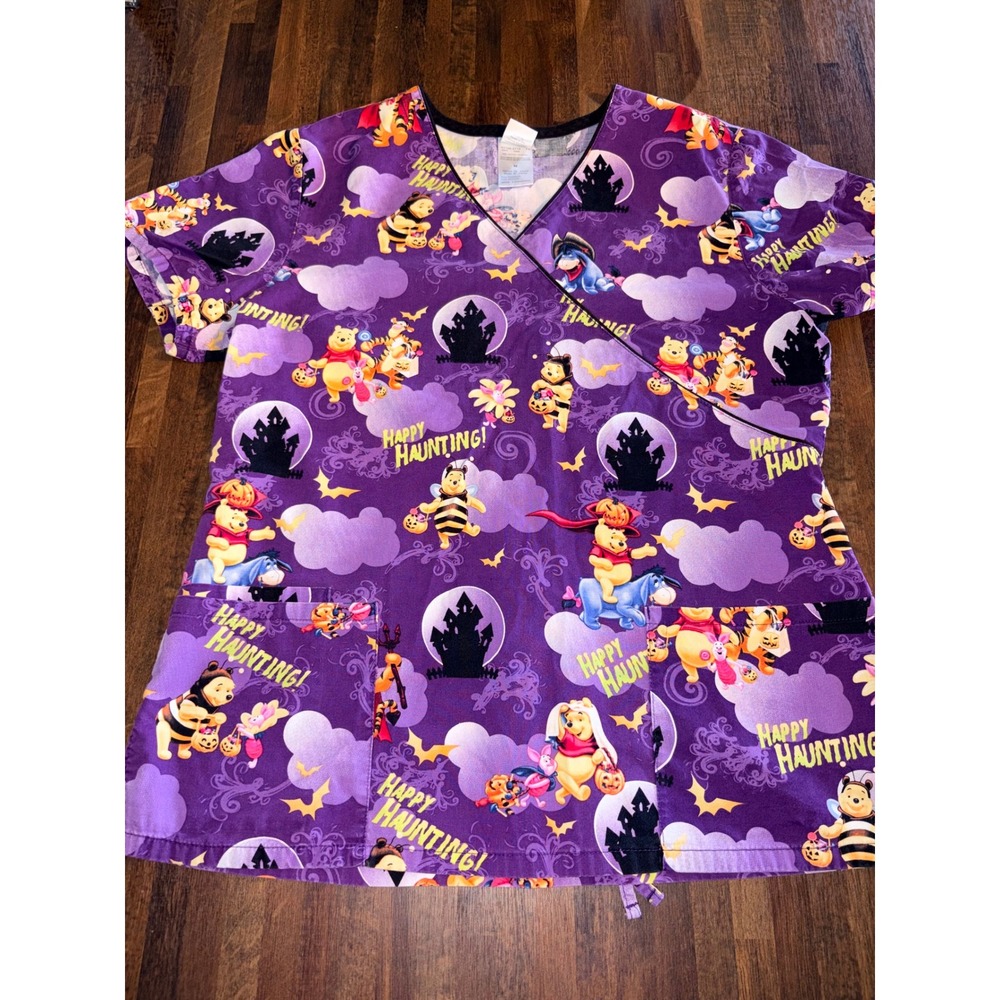 Disney Winnie the Pooh Halloween Scrub Top Purple Happy Haunting Mock Wrap M